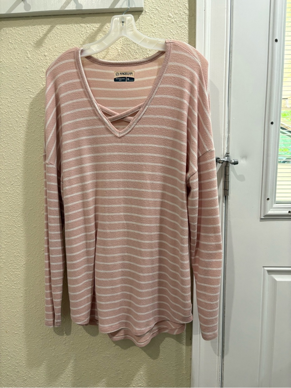 Magellan Outdoors Pink and White Striped V-Neck Crisscross Top